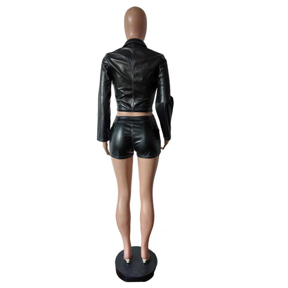 Y2k Punk Sexy Schwarz PU Leder Outfits Frauen Kontrast Genähte Jacke und Biker Shorts Sets Streetwear Nacht 2-teiliges Kurzes Set – Detail 8