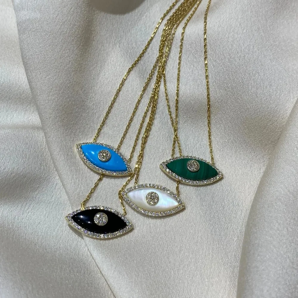 New Goth Turquoise White Opal Evil Eye Pendant Necklace Colour Enamel Shiny Zircon Geometric Choker Natural Stone Turkey Jewelry