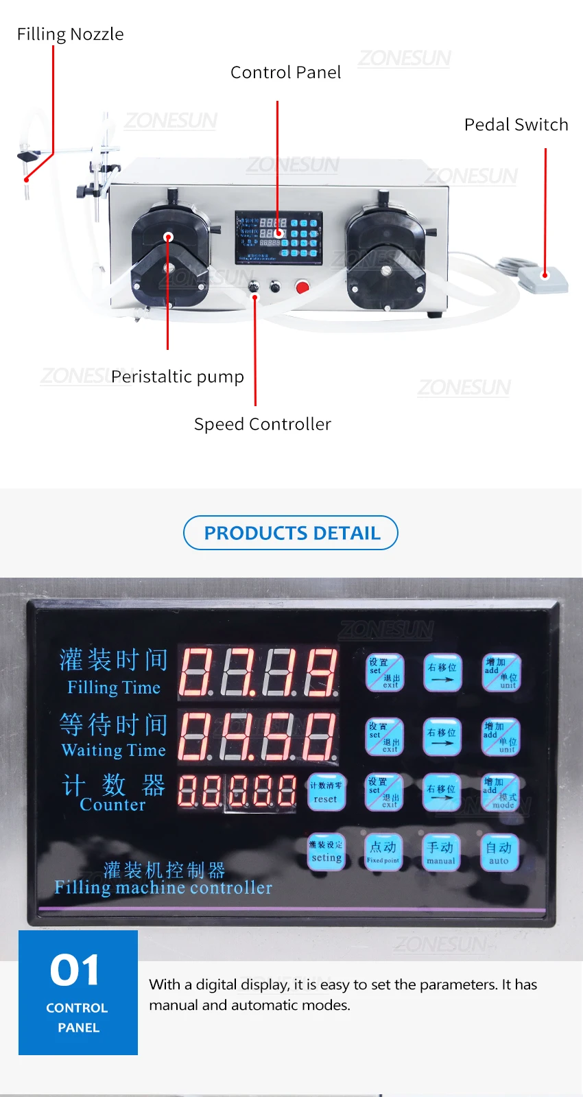 ZONESUN ZS-YTPPR2 Máquina de enchimento de líquido com bomba peristáltica semiautomática de 2 bicos