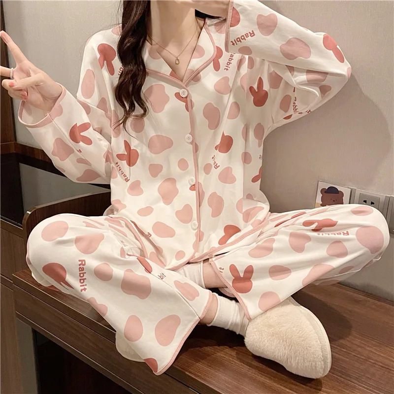 Spring Autumn Women's Milk Silk Pajamas Long Sleeve Cardigan Pants Loose Casual Home Clothing Set Cartoon Cute Sweet Sleepwear