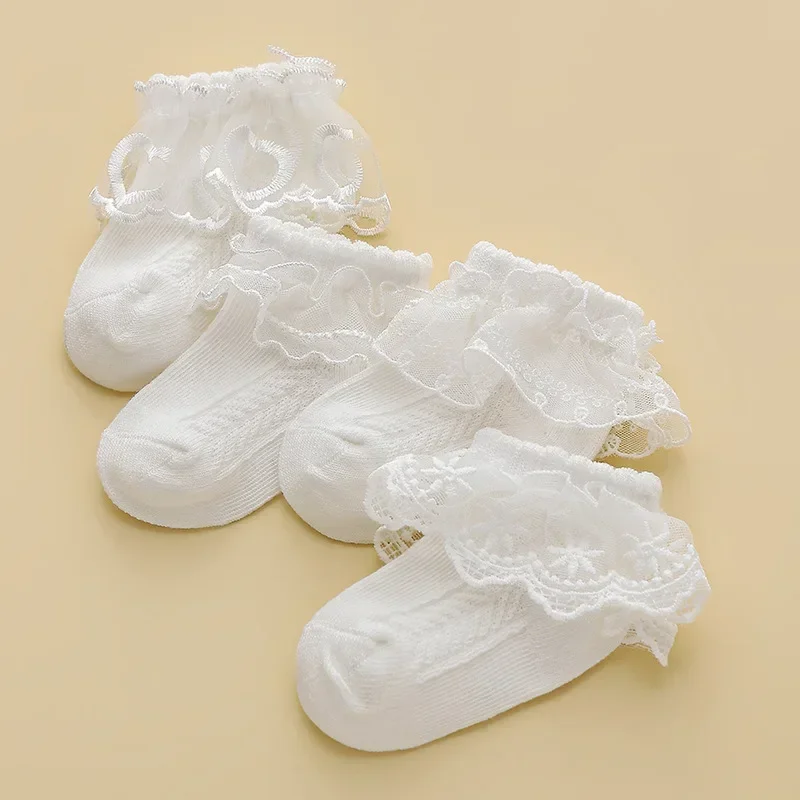 4 Pairs of Spring/Summer Korean Fashion Children's Lace Baby Loose Mouth White Mesh Thin Dance Girl Princess Socks