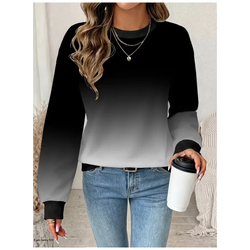 Fashion Gradient Color Personalized Print Pullover Tops Women's Autumn And Winter Long Sleeved Round Neck Warm Casual Sweatshirt