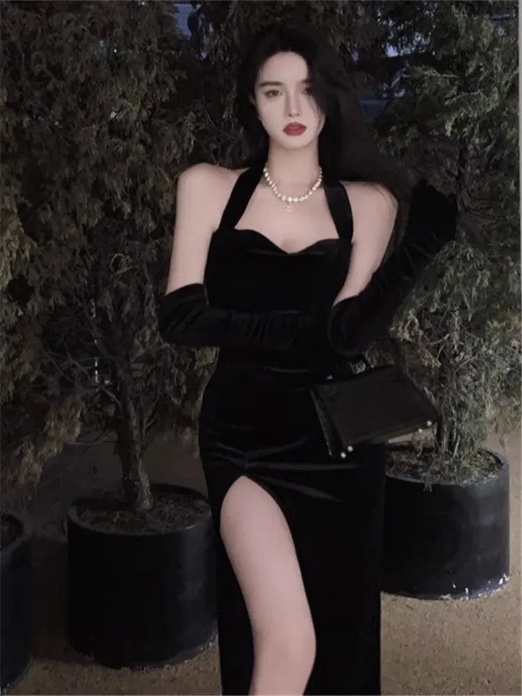

Sexy Black Hanging Neck Velvet Dress, High Grade Split Backless Small Party Dress, Female