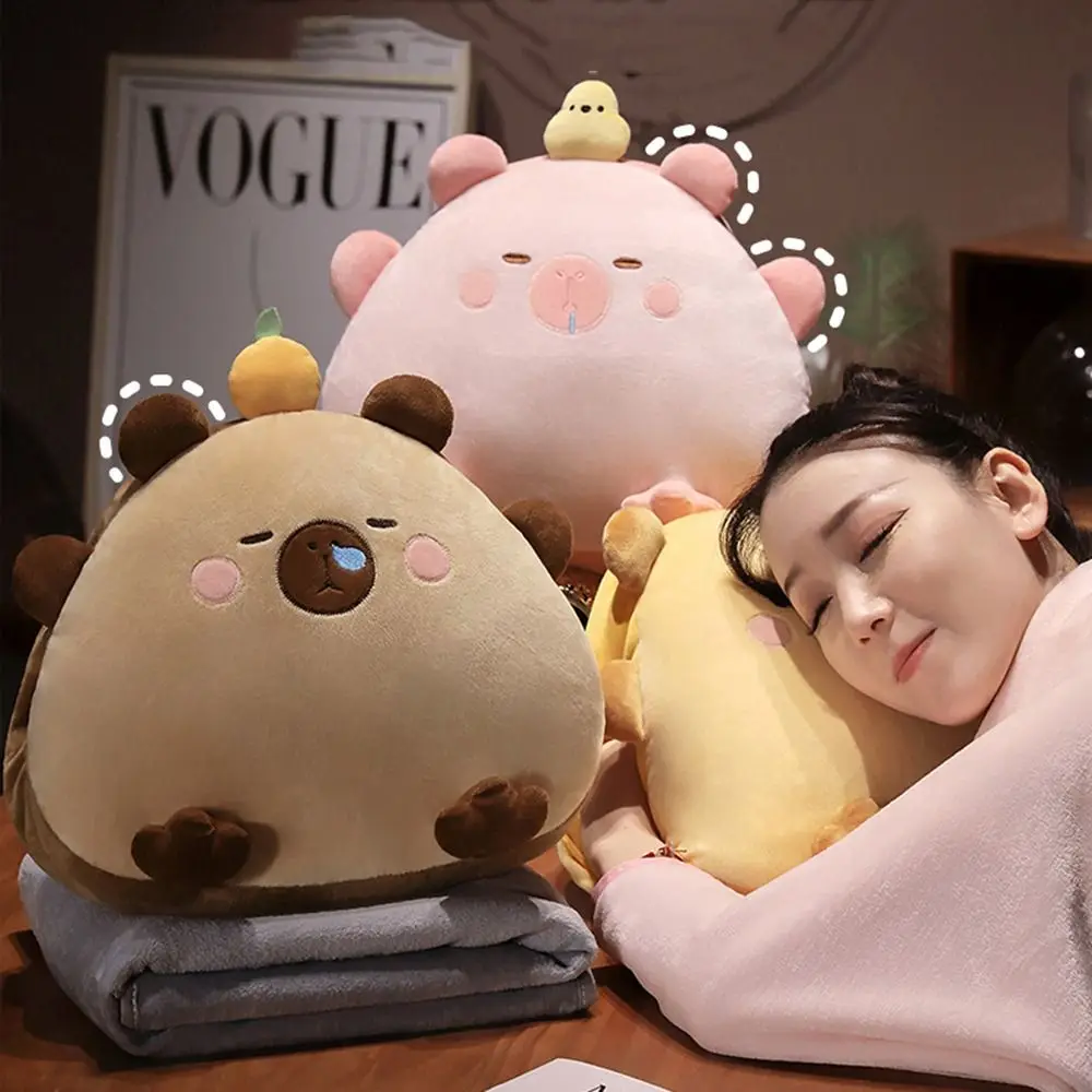 3-in-1 카피바라 쿠션 담요 에어컨 담요 편안한 소프트 쿠션 겸용 담요 피부 친화적인 따뜻한 담요