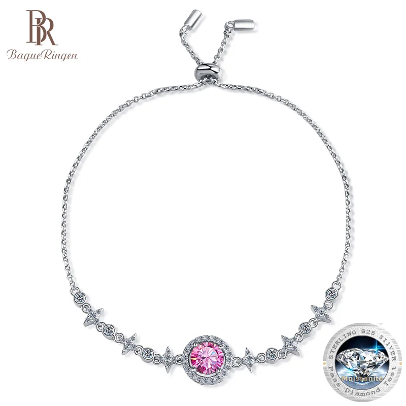 Bagueringen 1 Carat Vvs Eccellente Taglio Moissanite Diamond Test Passato Catena Argento 925 Bracciale Nero Rosa Gioielli Da Sposa Femminili