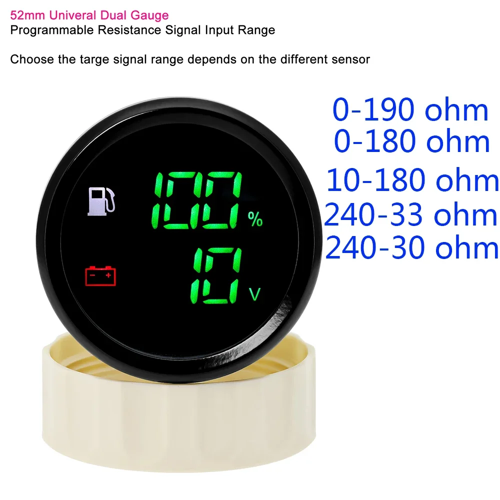 러시아 창고 녹색 LED 디지털 듀얼 게이지, 연료 레벨 계량기 및 전압계, 알람 포함, 자동차 보트 요트, 12V 24VDC, 52mm, 2 in 1