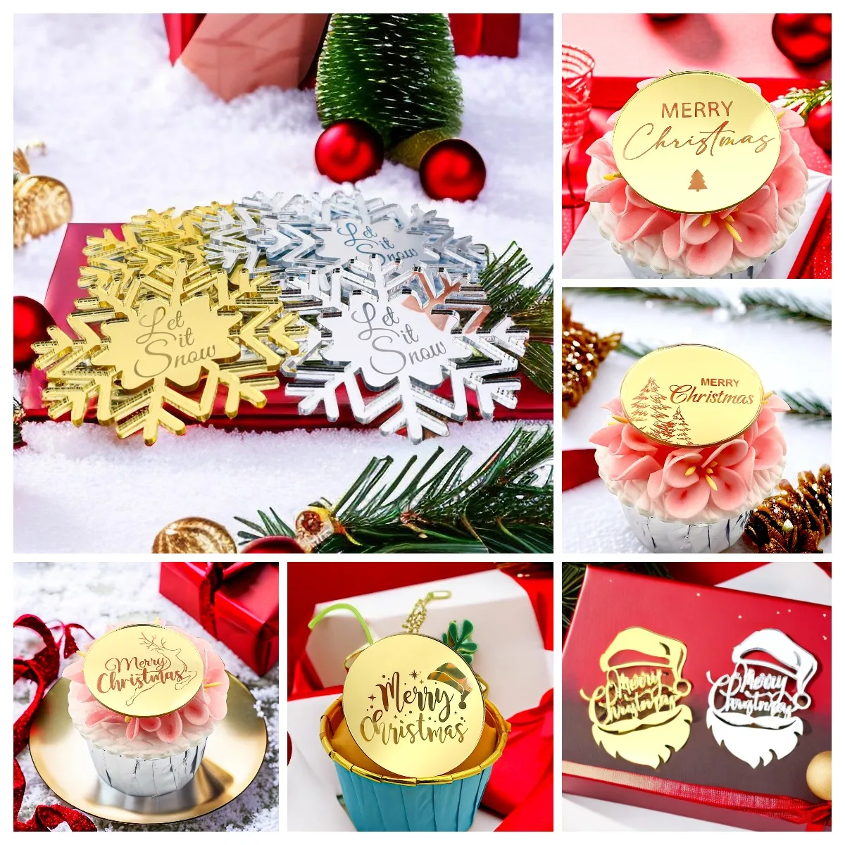

6pcs Merry Christmas Acrylic CupCake Topper for Christmas Party Supplies