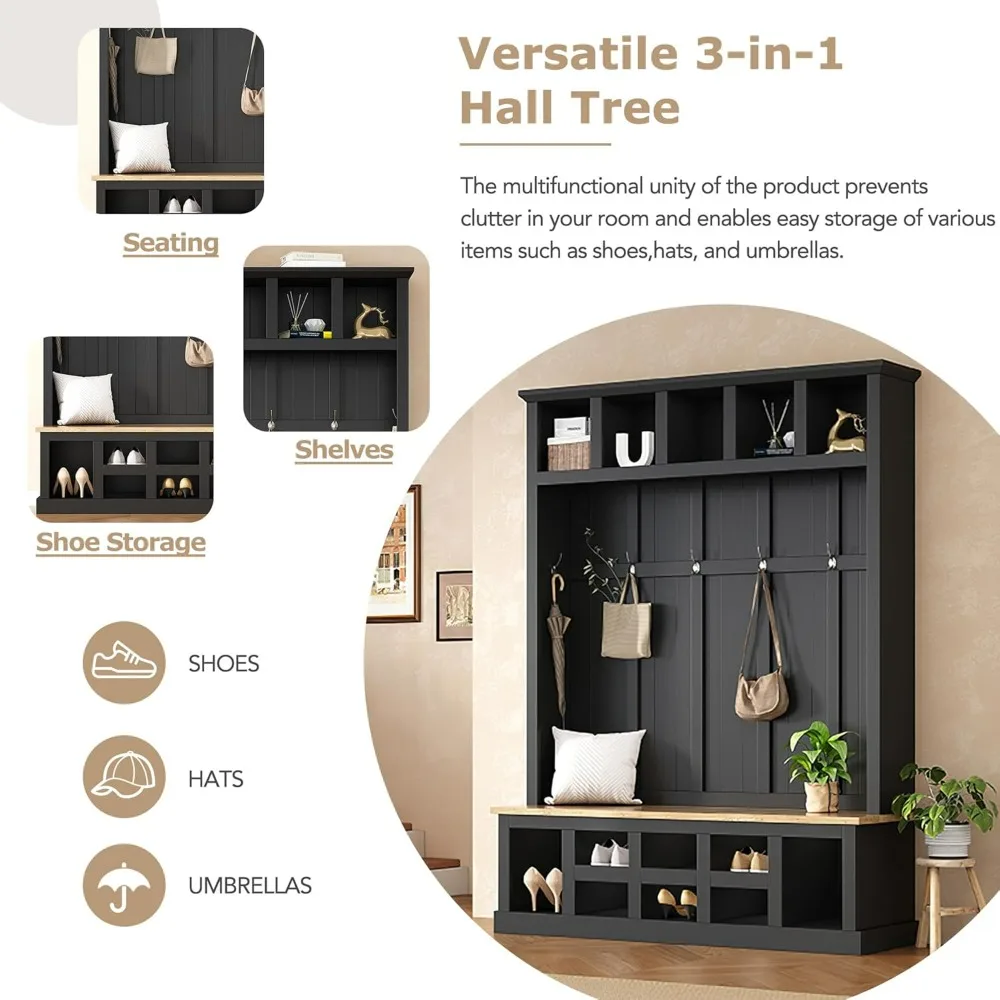 5-in-1 Coat Rack With 6 Hooks for Entrance Hanger Hanger Farmhouse Wood Hall Tree With Bench and Shoe Storage Hallway Black Room