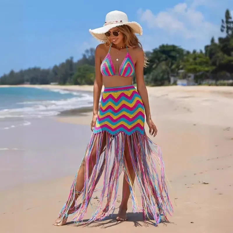 Rainbow Wave Striped Hand Crochet Knitted Beach 2 Piece Set Women Sexy Lace Up Bra Tops Long Tassel Skirt Holiday Outfits Suit