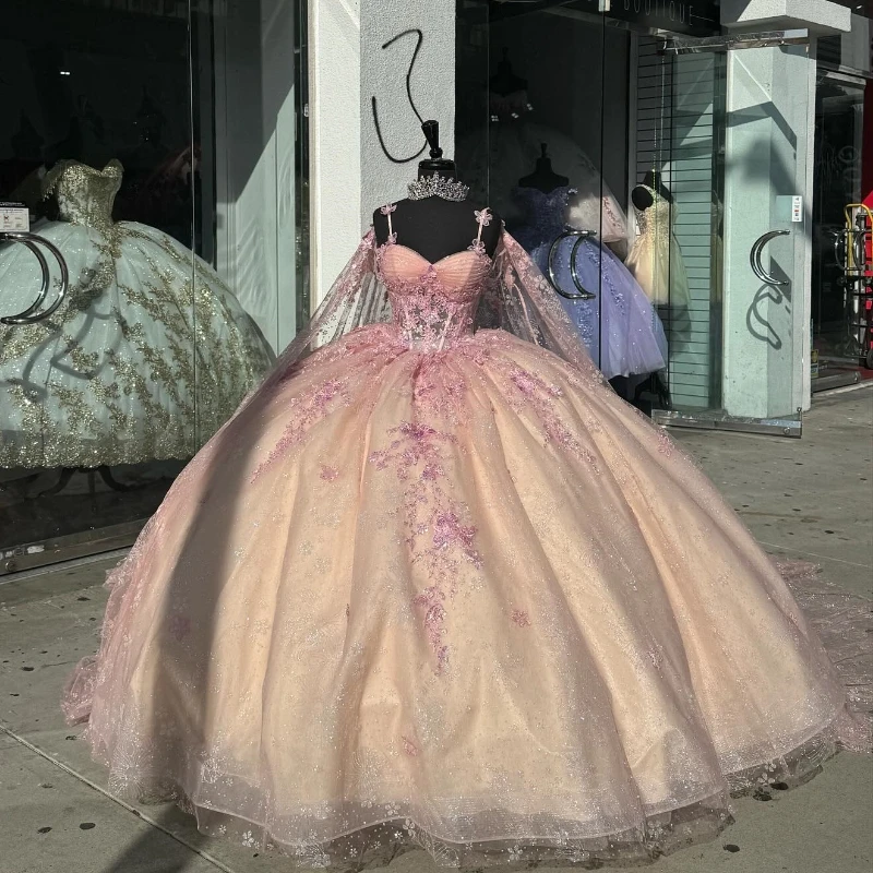 

Pink Princess Sweetheart Ball Gown Quinceanera Dress Beaded Appliques Tull With Cape Party Gowns Vestidos De 15 Anos