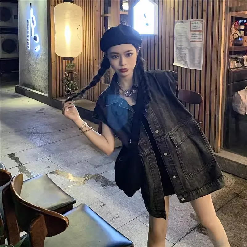 2024 Summer New Mid length Large Pocket Washed Denim Vest Coat for Women's Loose and Versatile Slimming Top Trendy Commuter WLF