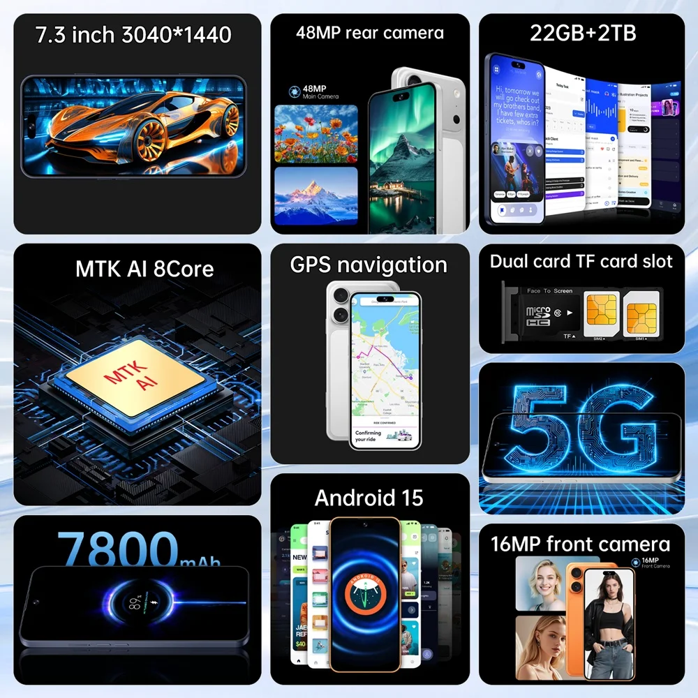 K-Touch Mobile Phones iFone 18 Pro Maxi 5G Dual Card Dual Standby Smartphone 7.3HD Android Cell Phone 22G+2TB 16+48MP Camera 7800mAh Wifi GPS Global Version Cellphones