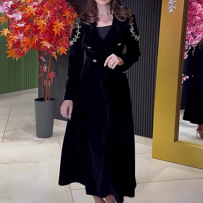 

Elegant Double Breasted Lapel Blazer & A-Line Skirts Velvet Outfits Women Fall Embroidery Long Sleeve Set Winter Solid 2pcs Suit