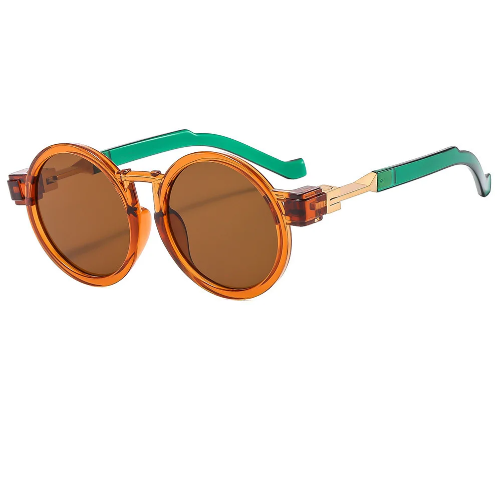 New Round Frame Personalized Metal Inlay Sunglasses with Legs, Fashionable Men's and Women's Motorcycle Rock Sunglasses, Cross-border Trendy Glasses_voghion.com