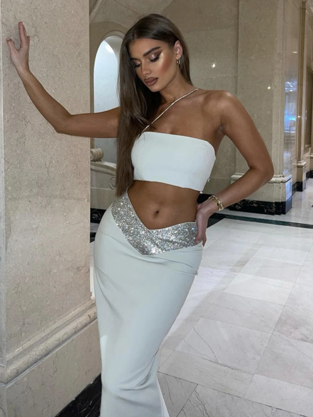 

New Summer Sexy Sparkly White Black Long Skirt Suits Women 2022 Celebrity Evening Party Women's Bandage Two Pieces Set