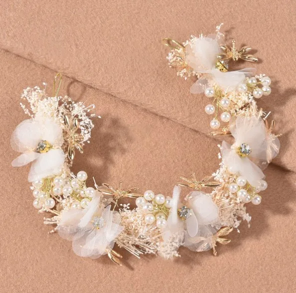 White Blue Pink Wedding Flower Crown Bridal Headband Floral Hair Wreath with Ribbon Girl Headwear Hair Accessories For Women