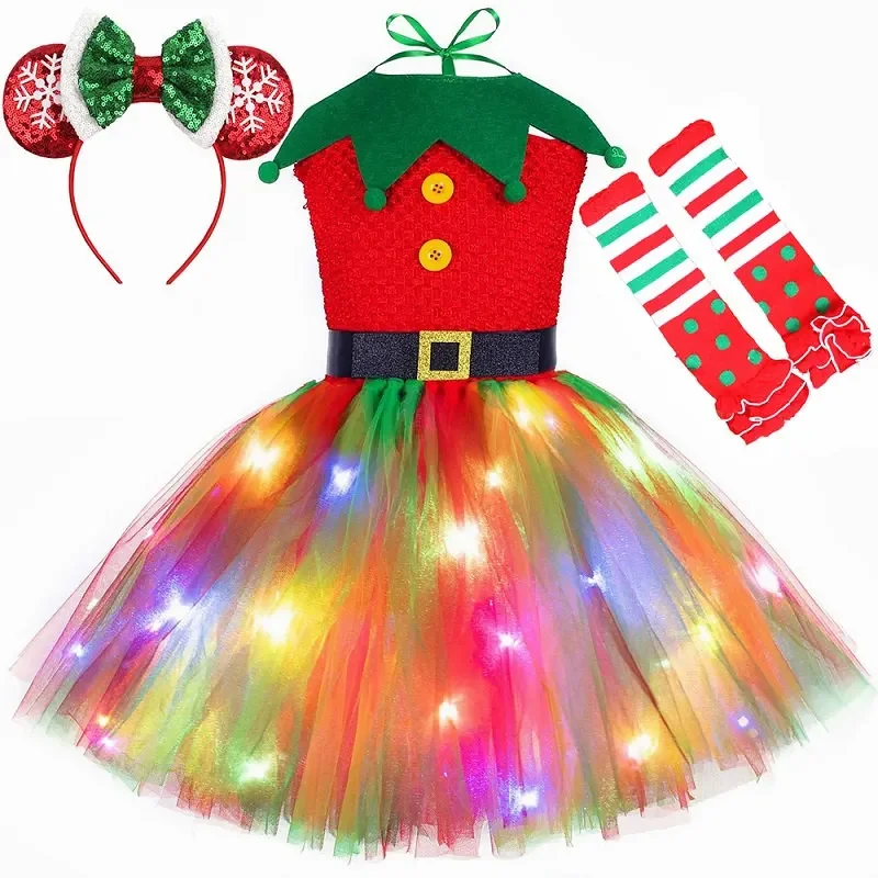 thumbnail image 1 of Disfraz de elfo navideño para niñas, vestido de princesa con tutú navideño con luz LED, ropa para fiesta de Navidad de Año Nuevo, regalo, 1 of 5