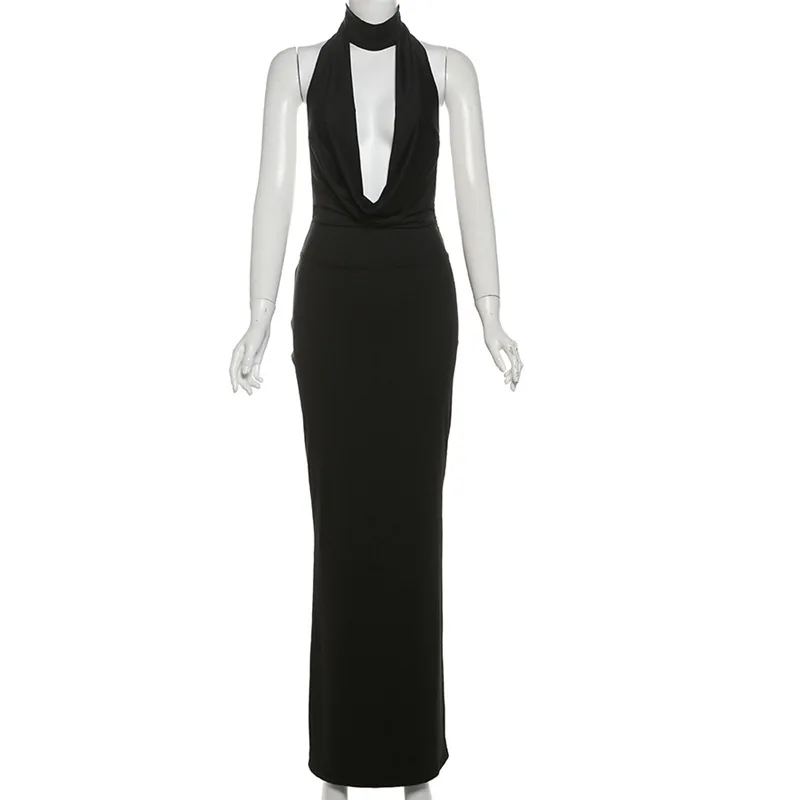 Kriptografik Halter Seksi Backless Bölünmüş Maxi Elbise Parti Kulübü Moda Kıyafetler Derin V Boyun Uzun Elbiseler Elbisesi Vesti...