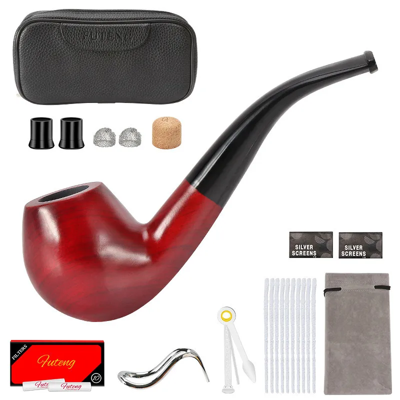 

Good Quality Classic Creative Red Sandalwood Pipe Set Accessories 9MM Filter Bent Solid Wood Dry Pipe Smoking Craft
