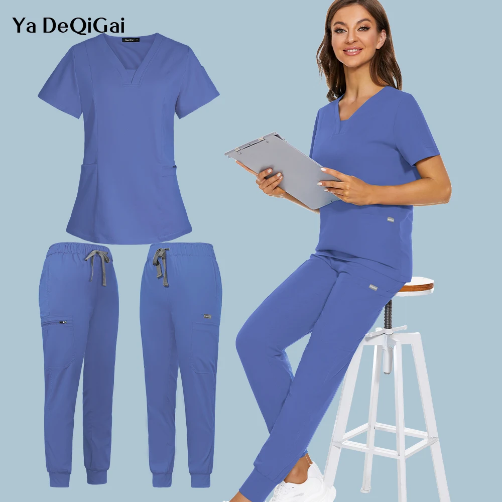 New Short Sleeve Scrubs Top With Pocket Pants Medical Nurse Uniforms Doctor Surgery Overalls Spa Outwear Beauty Salon Workwear medical uniforms women long sleeve scrub top dentistry nurse work wear cotton veterinaria overalls doctor pants plug size scrubs