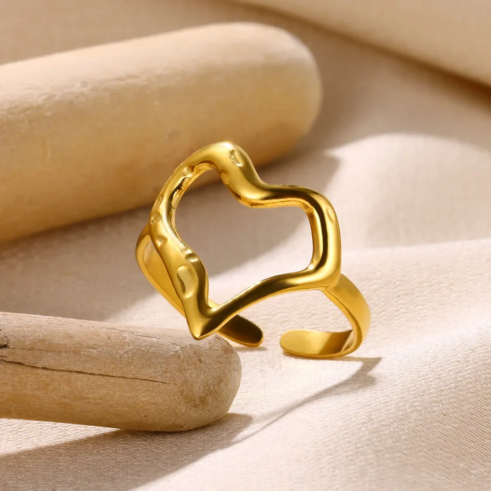 Rings Stainless Steel Heart Gold Color Geometric Open Wide for Women Wedding Party