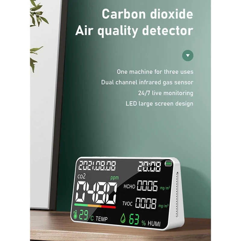 Air Quality Detector Smart Air Quality Tester With HCHO TVOC PM2.5 PM1.0 CO 2 Temperature Humidity And Time Display