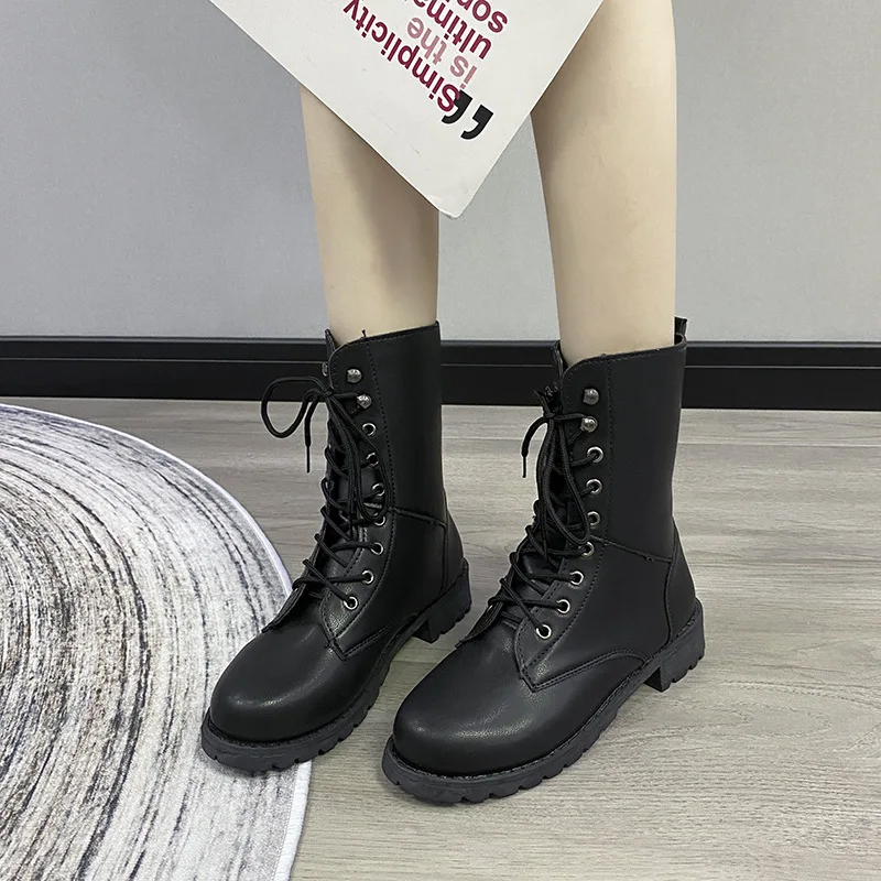 

Женские Универсальные ботинки со шнуровкой, однотонные модные ботинки на шнуровке, женские ботинки на плоской подошве с круглым носком, модные резиновые сапоги, зима 2022