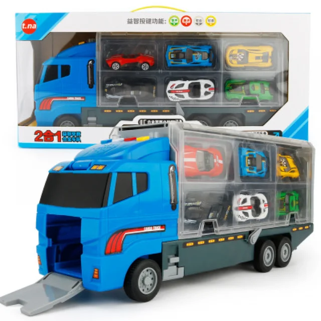 Alloy Car Model Kids Toy Big Container Transporter Set with 6Pcs Mini Engineering Vehicle Fire Truck Racing Car Children Gifts 2