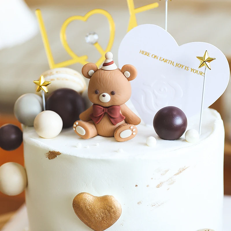 

Valentine'S Day Cake Decorated With Elegant Brown Bow Bear Doll Ornament Wedding Cake Topper I Love You Love English Insert