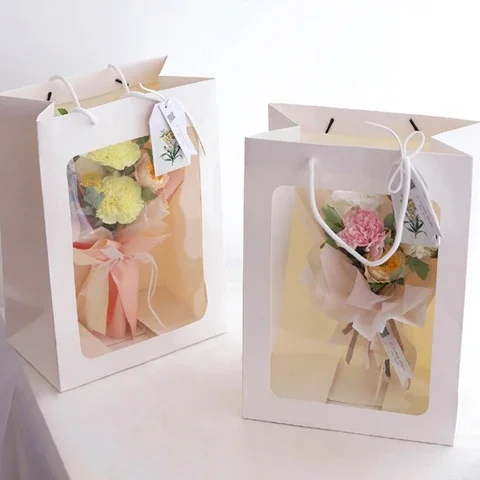 

Paper Gift Bags with Handle Transparent Window Flower Packaging Bag Ins New Year 2022 Wedding Valentine's Day Gift Packaging Box