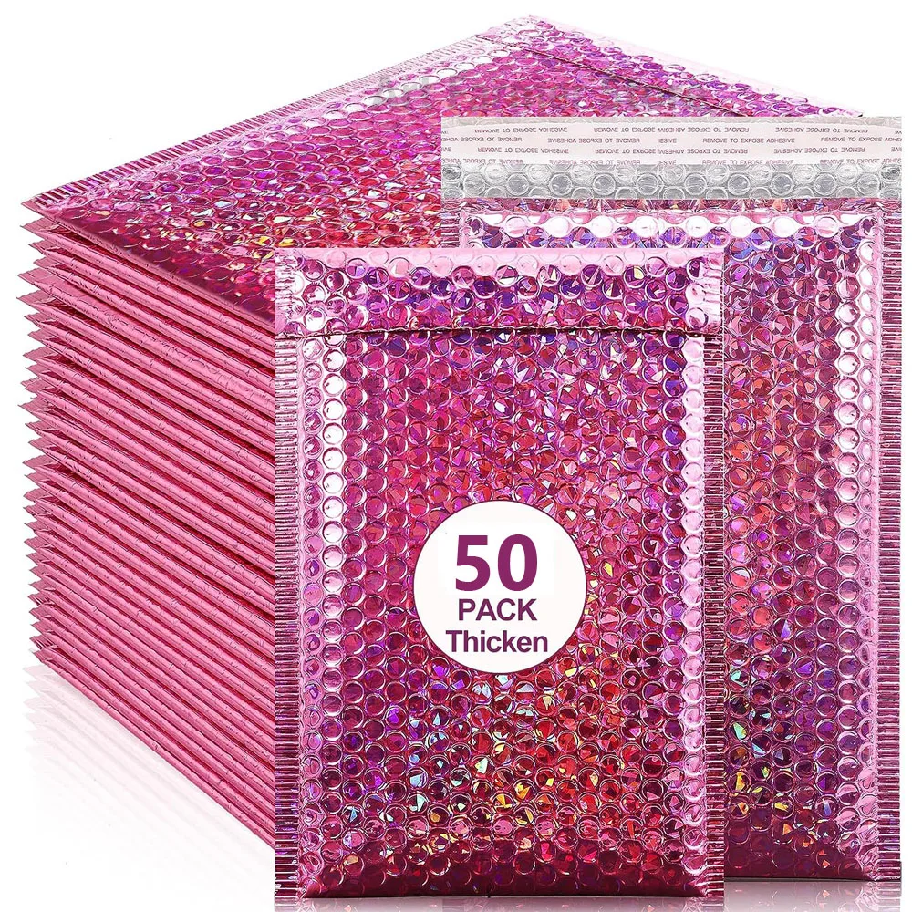 enveloppes-postales-holographiques-laser-rose-sac-de-courrier-etanche-enveloppes-a-bulles-rembourrees-sac-d'emballage-pour-l'expedition-50-pieces