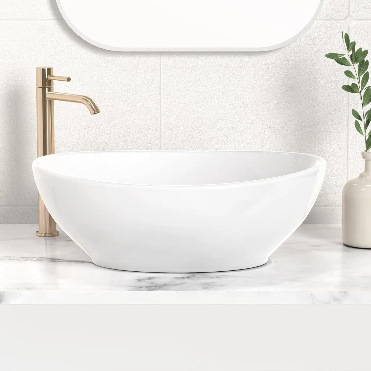 1pc 16" x 13" Countertop Oval Art Basin, Above Counter Ceramic Hand Wash Basin, Bathroom Sanitary Ware Vessel Sink Bowl, White 5