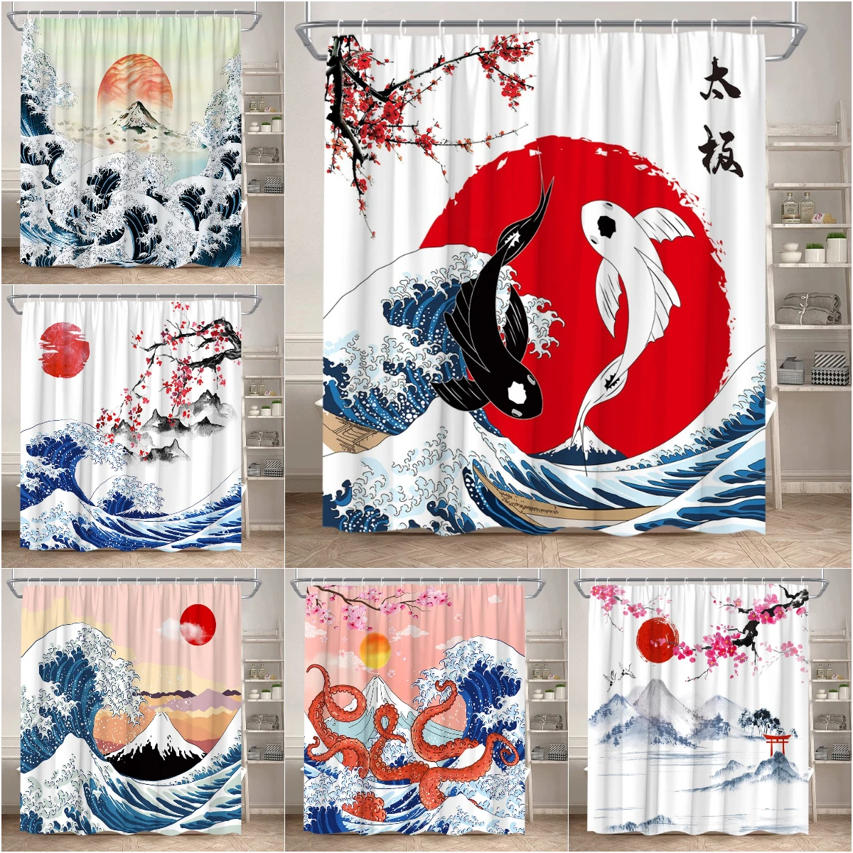 

Asian Shower Curtain Chinese Traditional Ink Painting Sea Waves Cherry Blossom Red Plum Sun Scenery Koi Polyester Bathroom Decor