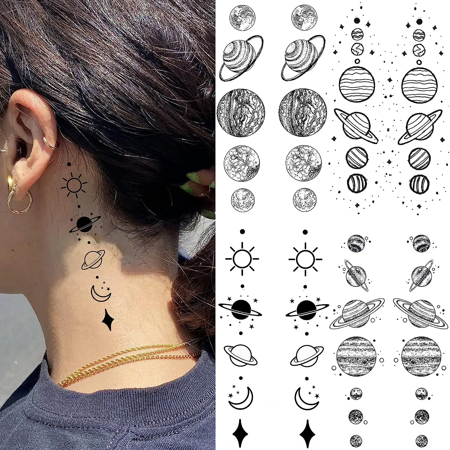 Fake Space Planets Chain Temporary Tattoos Women Men Arm Black Moon Sun Star Tattoo Small Universe Tatoos Decal 15 Sheets Tattoo sticker Temporary tattoos