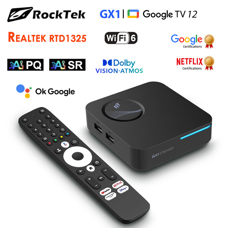 RockTek GX1 UHD Google Android TV Box Netflix Google Certified 4GB 32G Realtek1325 Support Dolby Atmos Vision 2T2R Wifi6 BT5.2