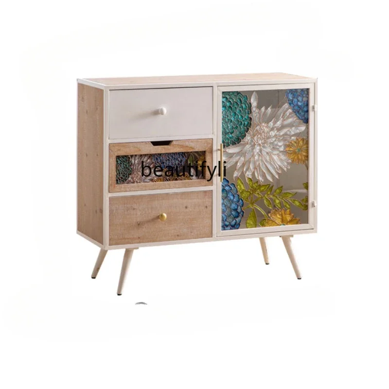 

American-Style Hand Painting Enamel Color Sideboard Storage Cabinet Dustproof Glass Light Luxury Chest of Drawers