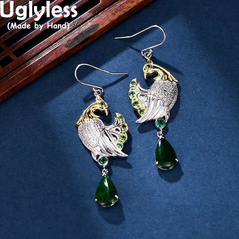 

Uglyless Vivid Handmade Princess Peacock Earrings for Women Luxury Palace Fashion Statement Jewelry 925 Silver Jadeite Brincos