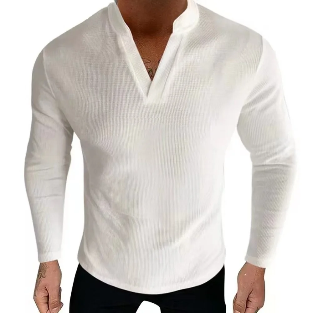 

Casual Shirt Men Stand Collar Solid Color Long Sleeve Sweatshirts V-neck Shirts Breathe Cool Comfort