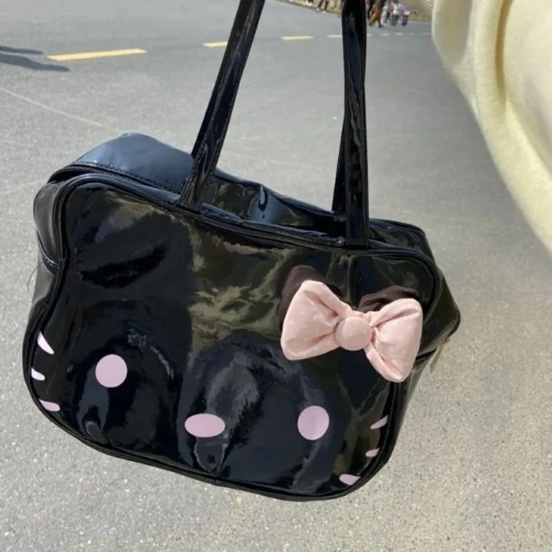 Womens Shoulder Bag Black Leather Cute Bow Harajuku Fashion Kitty Cartoon Kawaii Tote Bag New Style Casual Girls Handbag