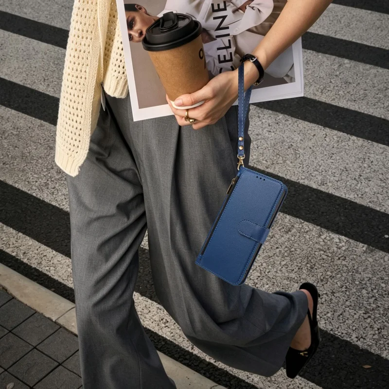 Elegant Leather Wallet Phone Case with Wrist Strap and Zipper Card Holder