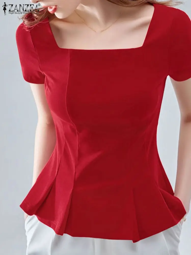 ZANZEA Elegant Women Office Lady Blouse Casual Slim Fit Work Tops Female White Blusas 2023 Summer Square Neck Short Sleeve Shirt