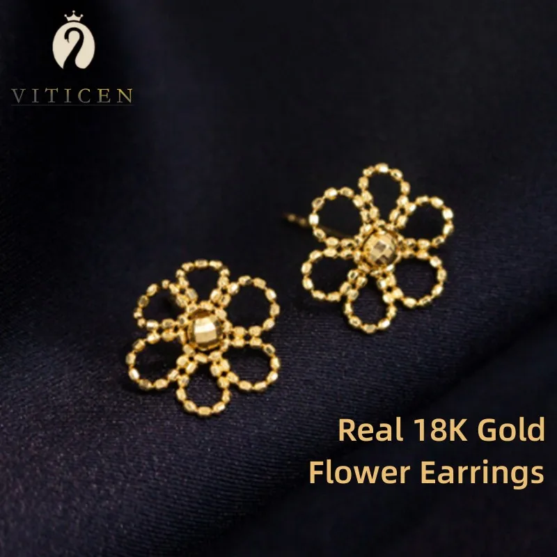 

VITICEN Real 18K Gold AU750 Lace Flower Stud Earrings Romantic Delicate Classic Present Exquisite Gift For Woman Fine Jewelry