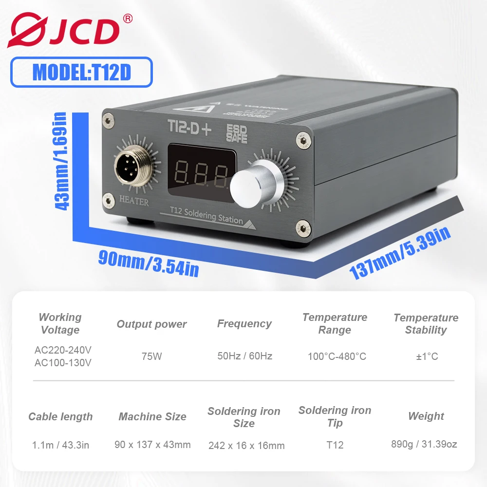 JCD T12-D+ 납땜 스테이션 75W LED 디스플레이 전자제품 수리용 조절 가능한 온도 정전기 방지 용접 인두 키트 PCB SMD