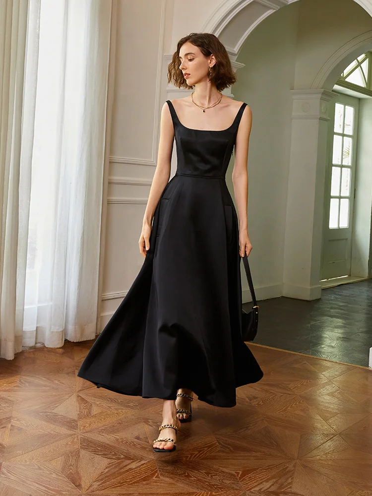 

French Simple High Waist Black Strap Dress 2023 Summer New Sleeveless Slim Fit Long Dress