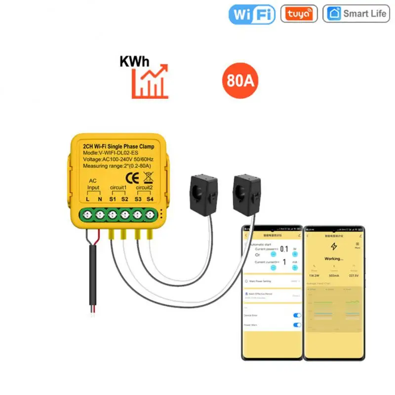 

Tuya WiFi Energy Meter 80A With Current Transformer Clamp KWh Power Monitor Electricity Statistics 110V 230V Alexa Home