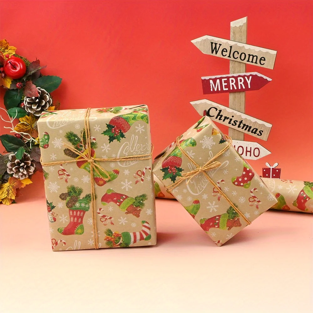 1 롤 크리스마스 포장지 선물 포장지-17인치 x 9.8피트 크래프트 종이, 크리스마스, 파티용 눈 디자인의 왕관과 부츠