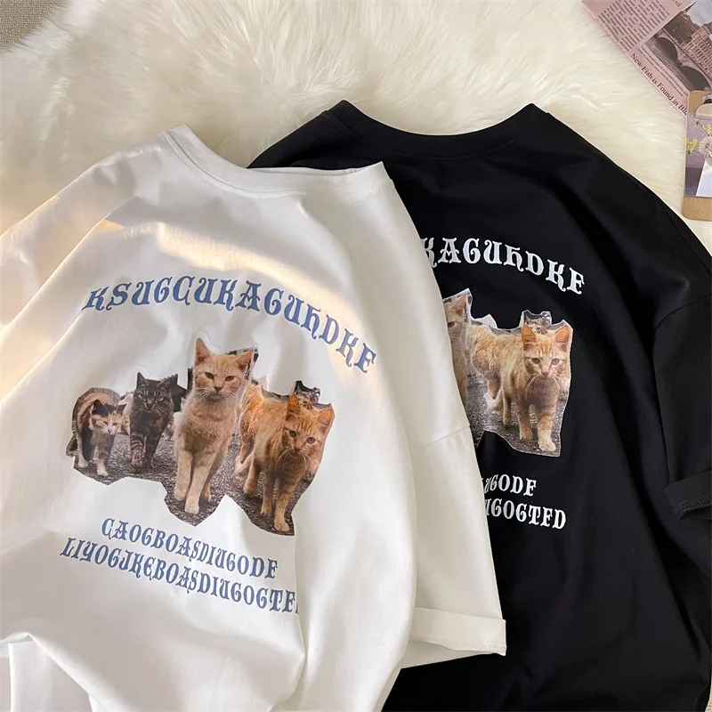 Vintage Female Cat Print T Shirt Summer New Youth Trend Short-sleeved T-shirt Men Clothing Haruku Punk T-shirt Oversized238_voghion.com