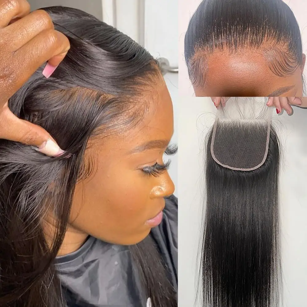 Kinky Curly Closure Only Brazilian Human Hair 4x4 Transparent Lace Closure Free Part  Straight Water Pre Plucked with Baby Hair