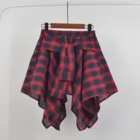 Summer Casual Retro Irregular Women Skirt Bow-knot Elastic Waist Shirt Style Blue White Lattice Mini A-line Shortskirt Female - Image 4