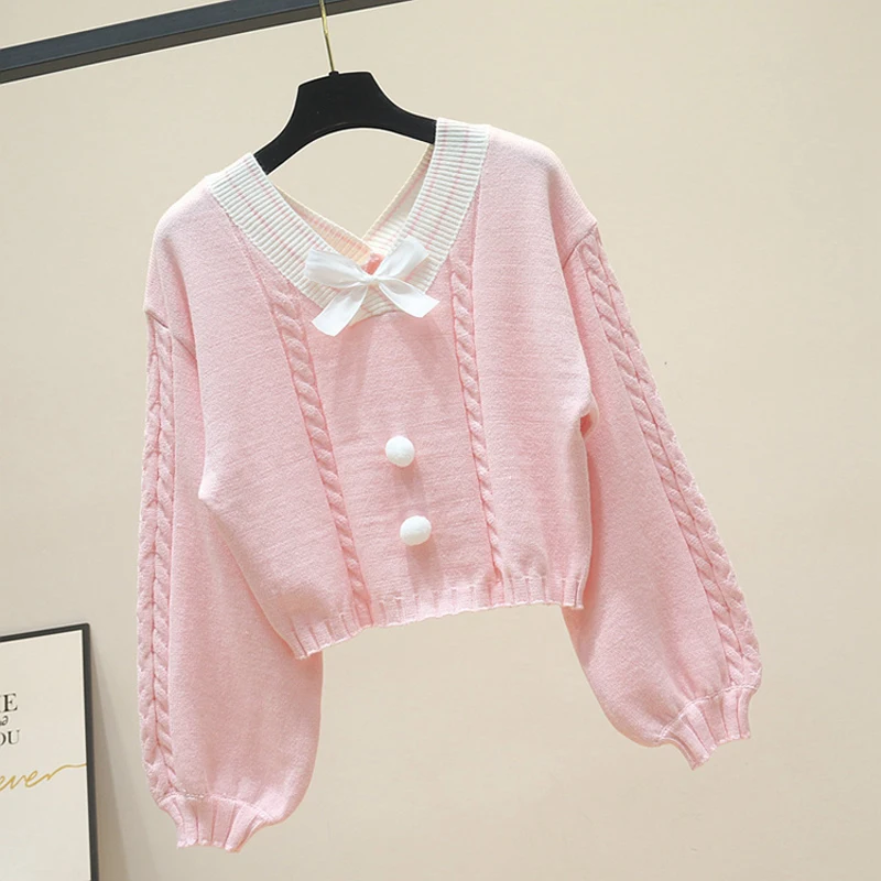 yellow sweater JMPRS Sweet Girls Sweater Fashion Sexy Crop Knitted Autumn Loose Long Sleeve Jumper Casual Japanese Kawaii V Neck Short Tops pink sweater